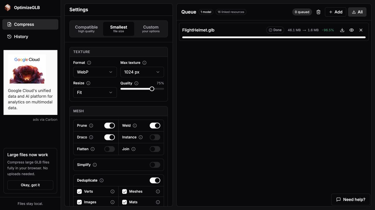 OptimizeGLB compression results for the FlightHelmet model