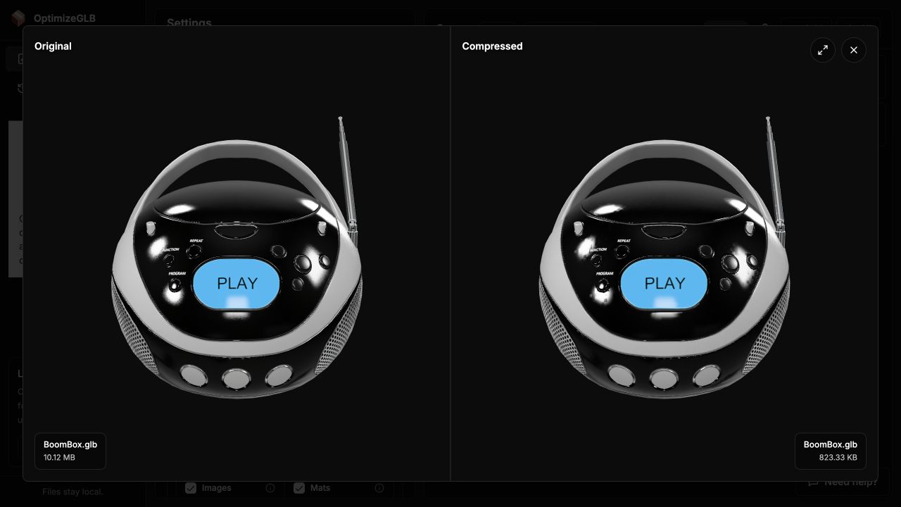 The BoomBox model compared before and after optimization in OptimizeGLB