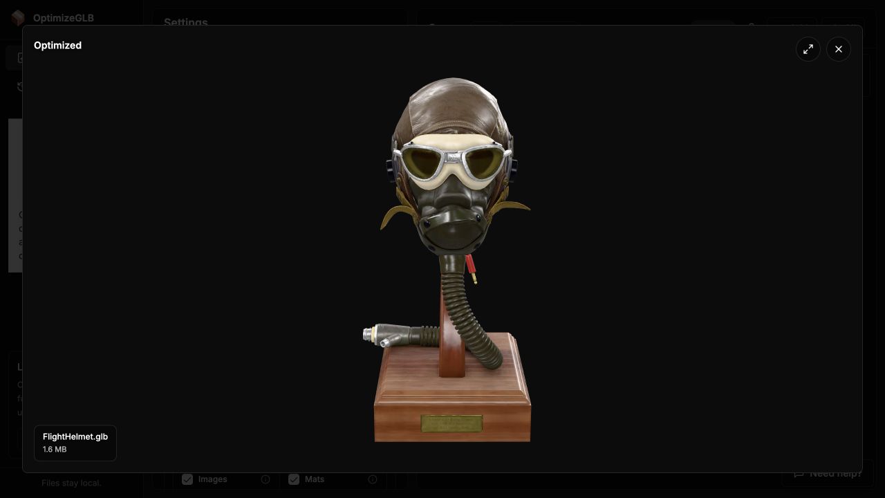 The optimized FlightHelmet model in OptimizeGLB’s 3D viewer