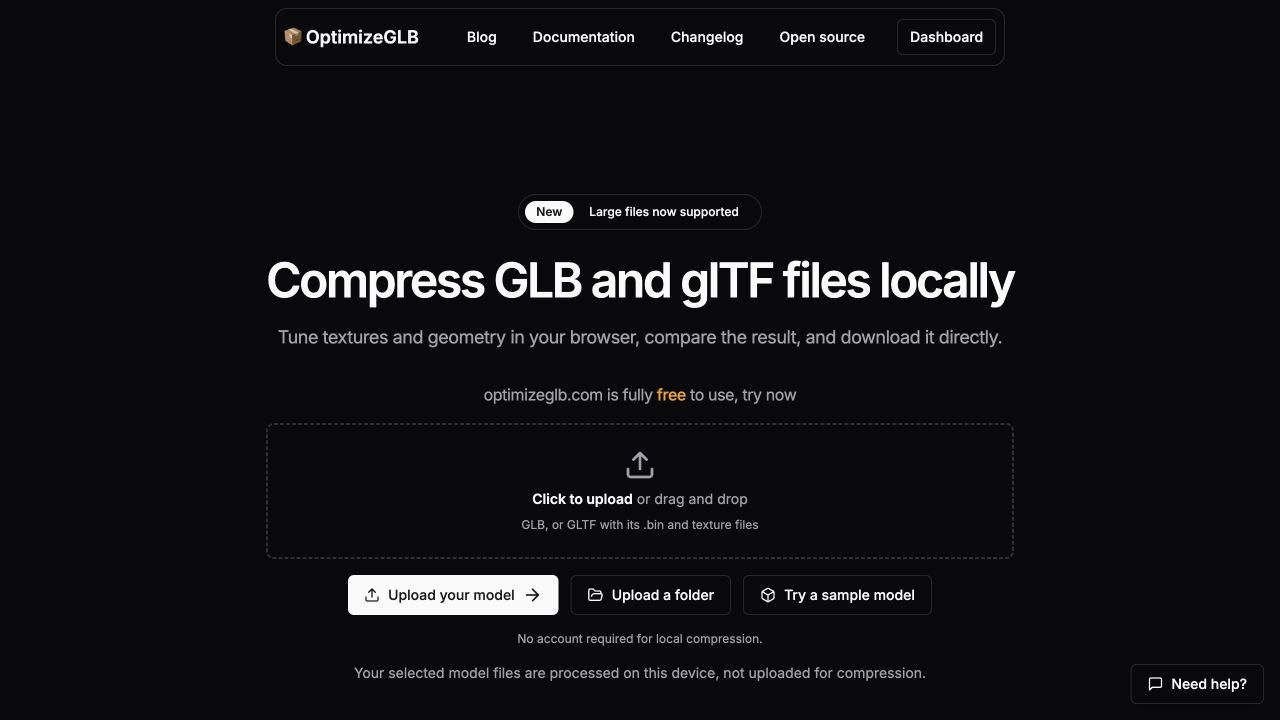 OptimizeGLB homepage with local model compression and file upload controls