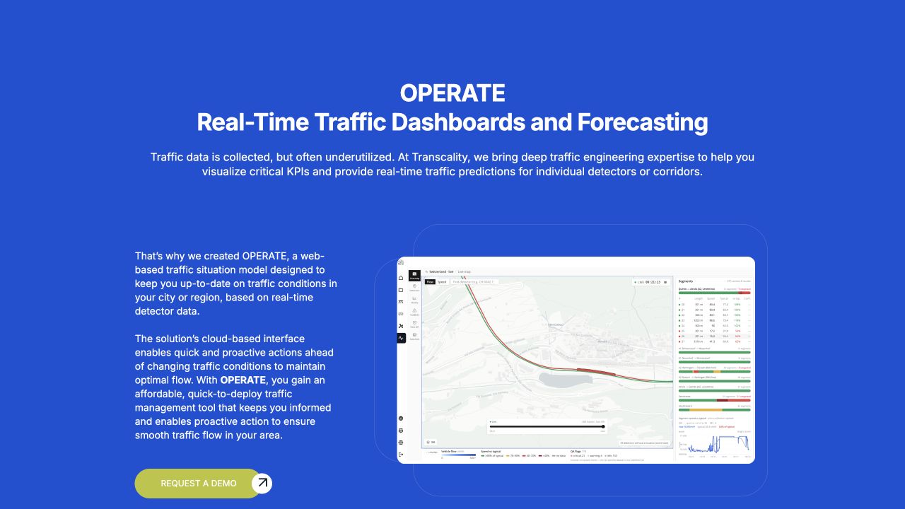 Transcality’s publicly published OPERATE preview with a traffic map, sensor data and charts
