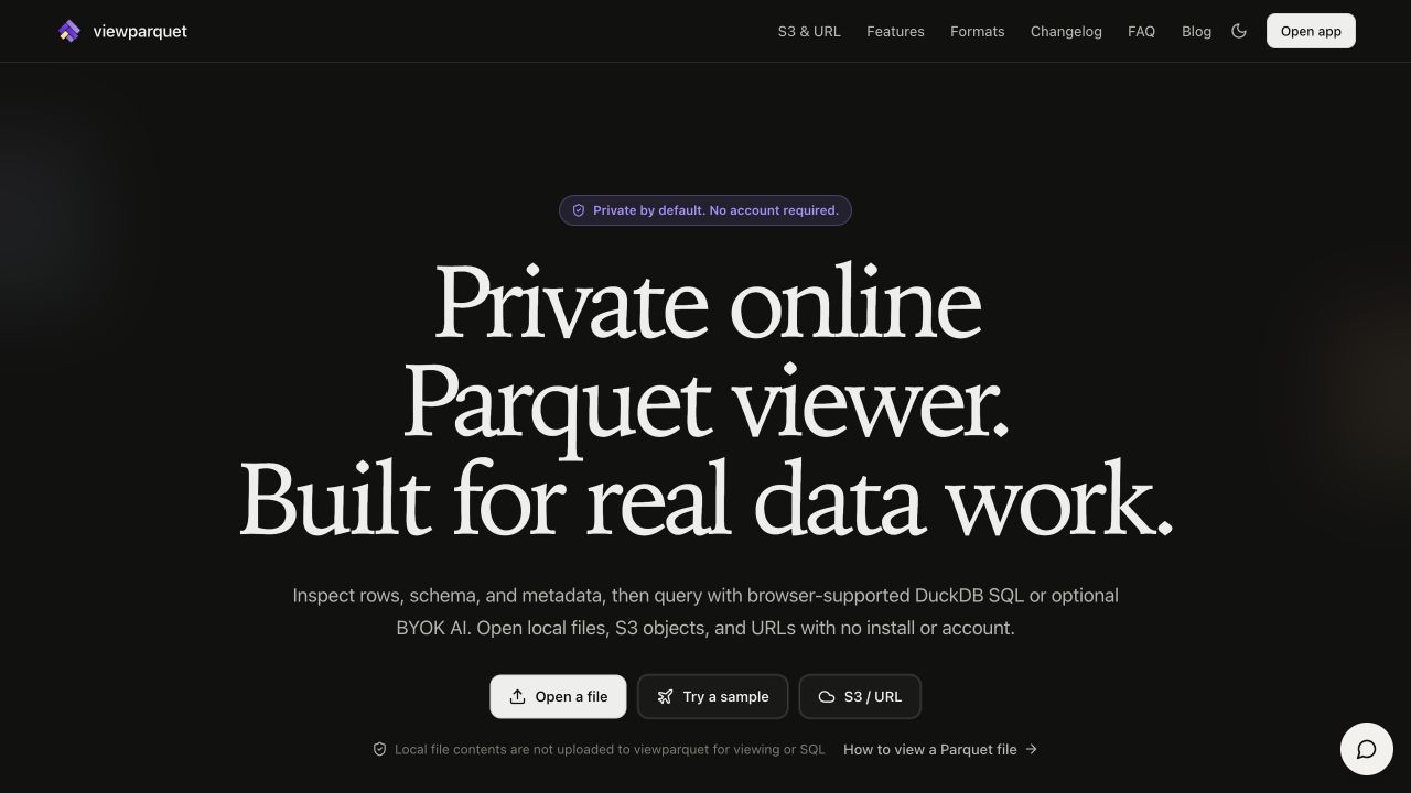 ViewParquet homepage for opening and exploring Parquet files locally