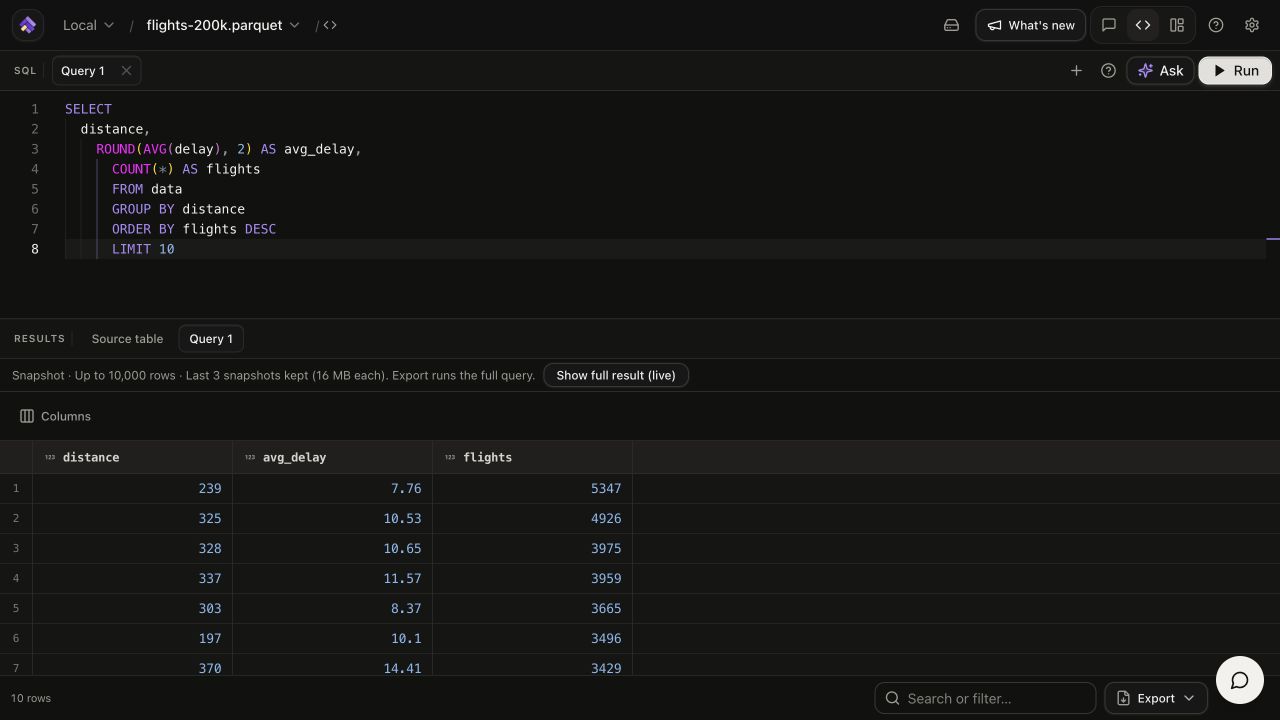 ViewParquet running a SQL query on its sample flight dataset